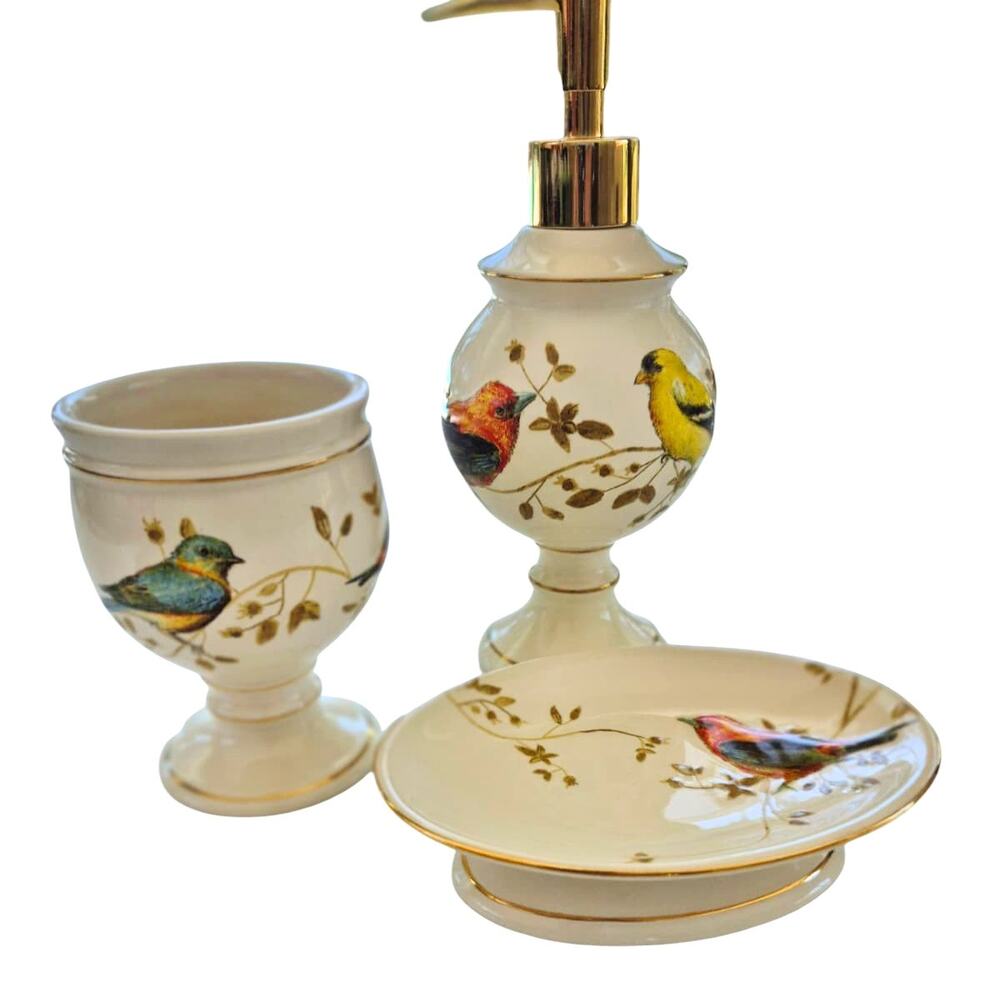 Gilded Birds Bathroom Soap Dish Lotion Dispenser Tumbler 3 Piece Set Like New